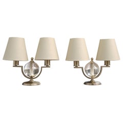 French Designer, Table Lamps, Metal, Glass, Fabric, France, 1950s