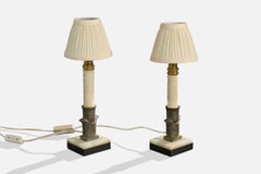French Designer, Table Lamps, Onyx, Brass, Fabric, France, 1950s