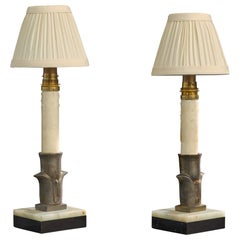 French Designer, Table Lamps, Onyx, Brass, Fabric, France, 1950s