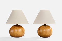 French Designer, Table Lamps, Wood, Brass, France, 1950s
