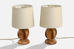 French Designer, Table Lamps, Wood, Brass, France, 1950s