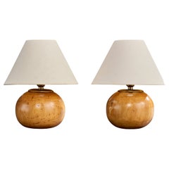 French Designer, Table Lamps, Wood, Brass, France, 1950s