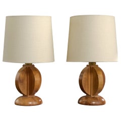 French Designer, Table Lamps, Wood, Brass, France, 1950s
