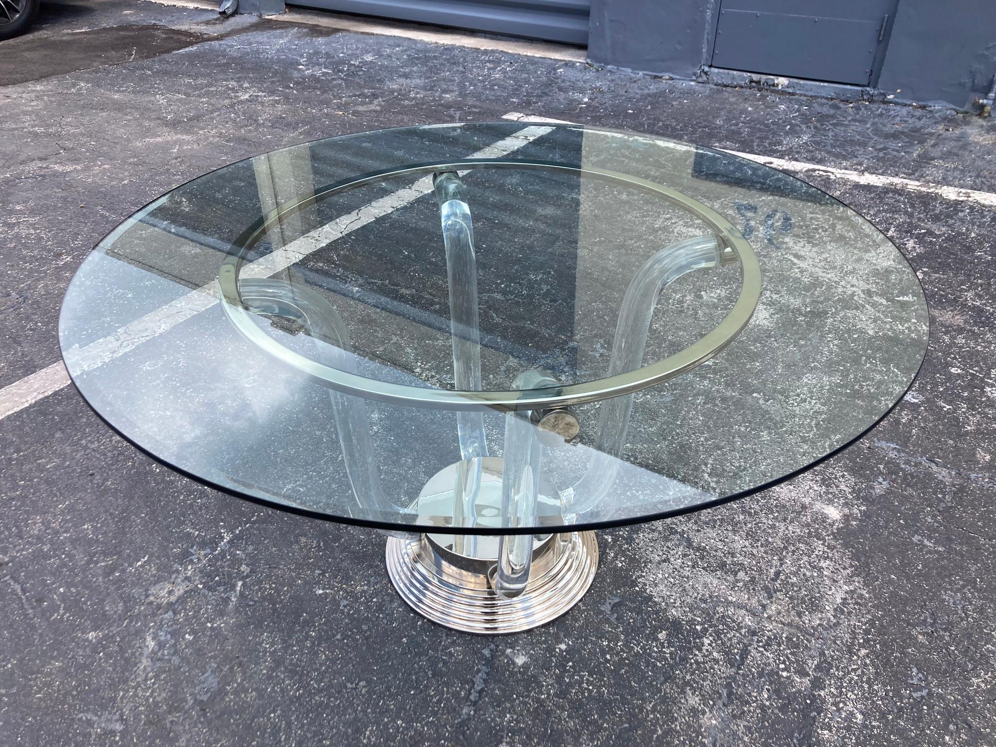 French Designer Table, Lucite, Stainless Steel, Nickel For Sale 5