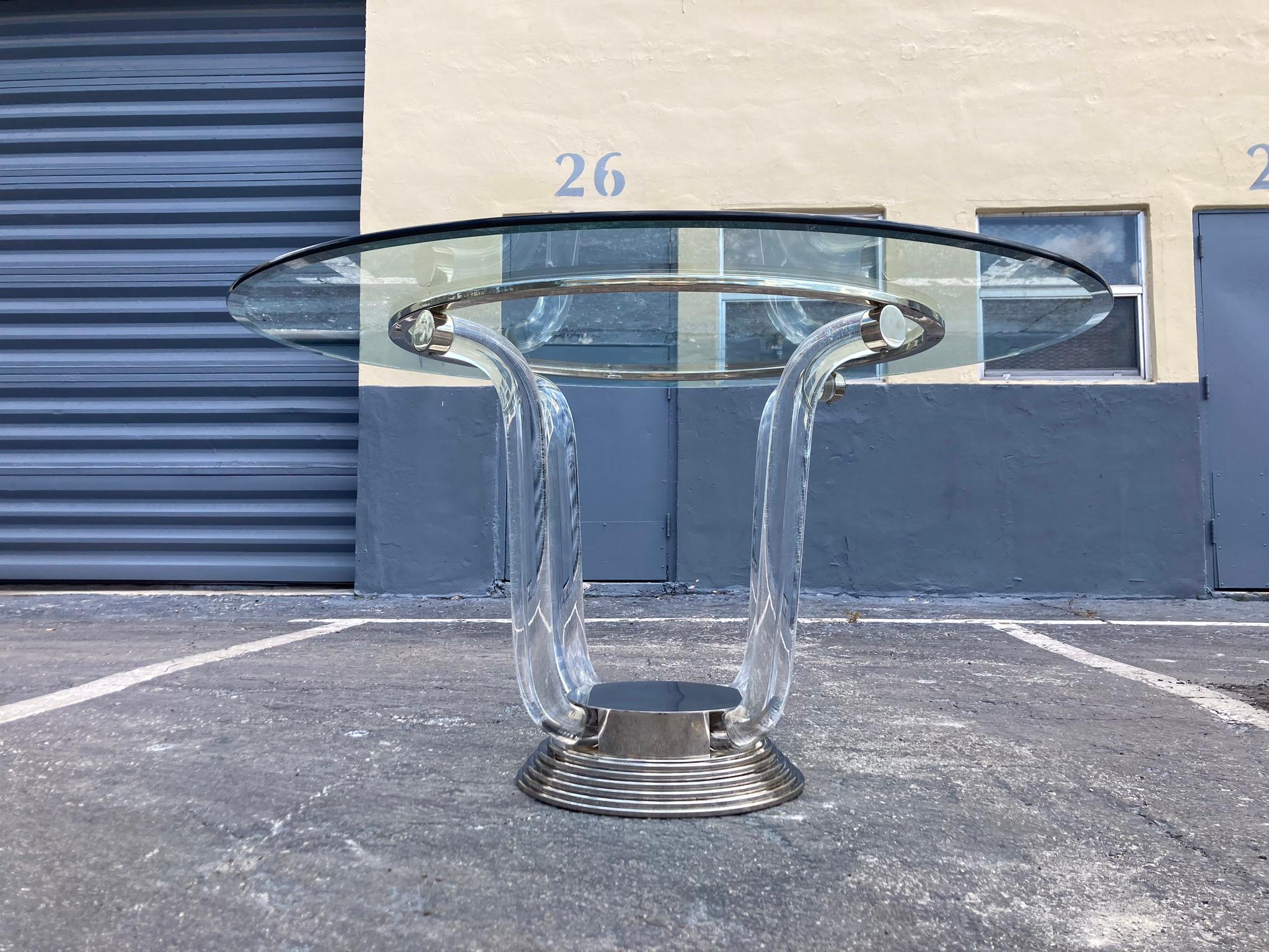 Mid-Century Modern French Designer Table, Lucite, Stainless Steel, Nickel For Sale