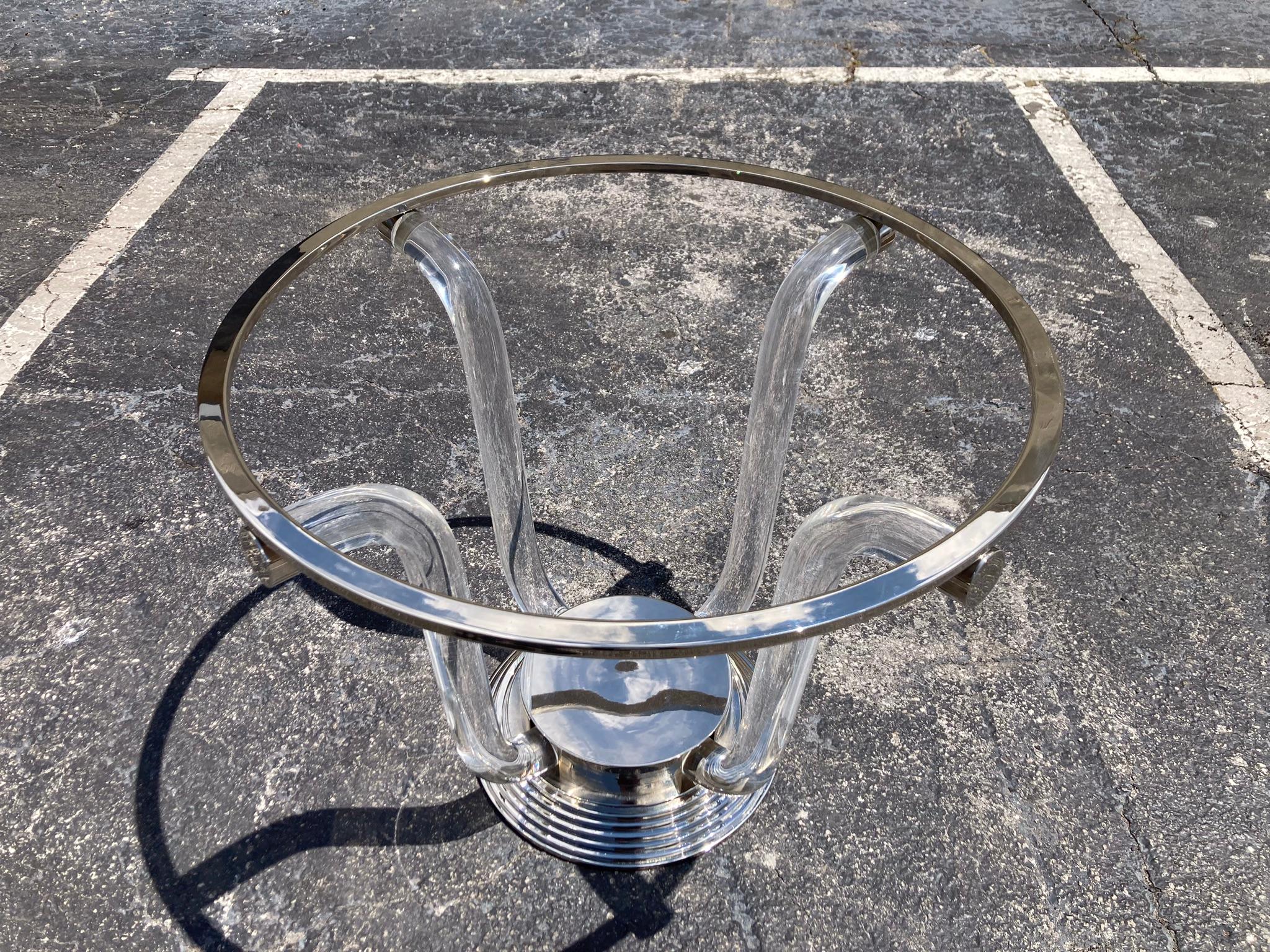Late 20th Century French Designer Table, Lucite, Stainless Steel, Nickel For Sale