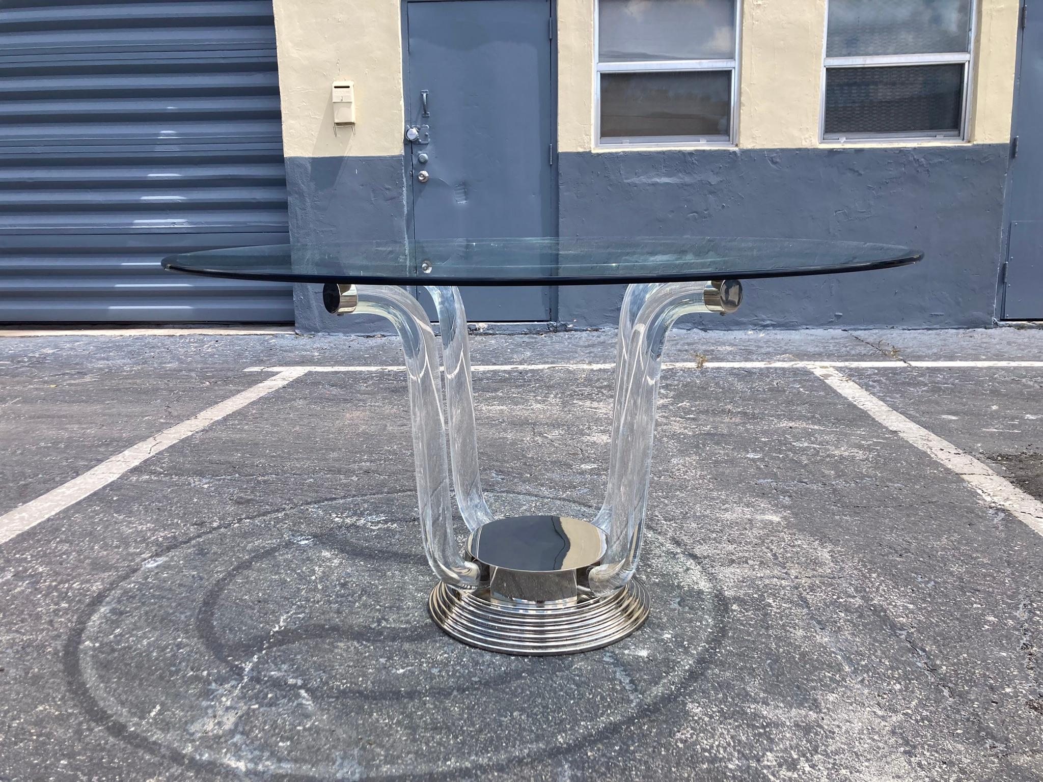 French Designer Table, Lucite, Stainless Steel, Nickel For Sale 2