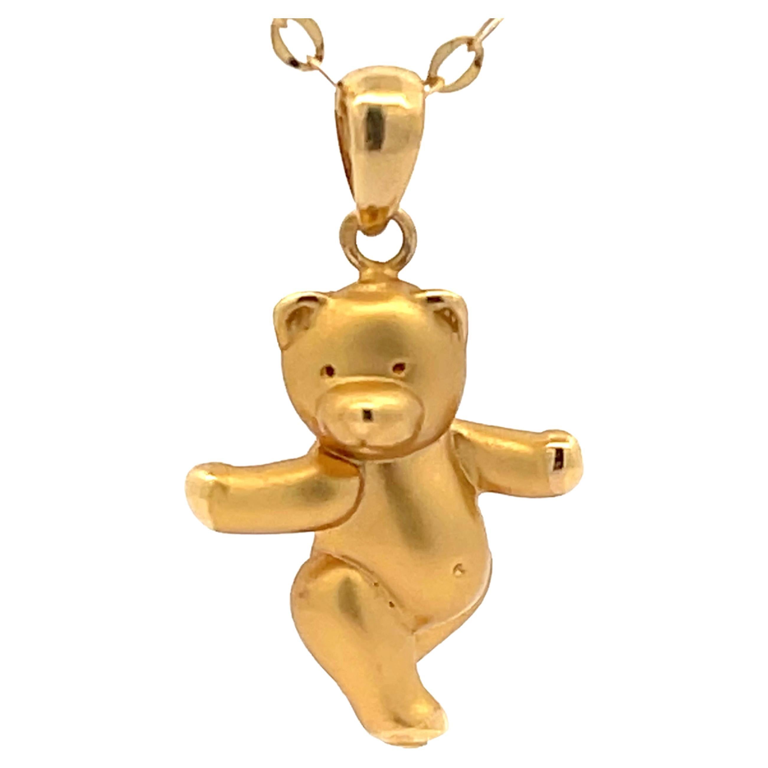 French Designer Teddy Bear Necklace in 18k Yellow Gold For Sale