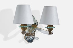 French Designer, Wall Light, Brass, Acrylic, Mirror, Fabric, France, 1950s