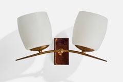 French Designer, Wall Light, Brass, Copper, Glass, France, 1950s