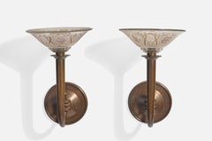 French Designer, Wall Light, Brass, Etched Glass, France, 1940s