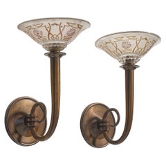French Designer, Wall Light, Brass, Etched Glass, France, 1940s