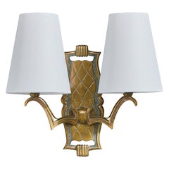 French Designer, Wall Light, Brass, Fabric, France, 1930s