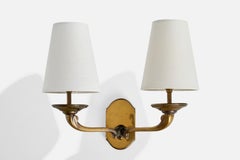 French Designer, Wall Light, Brass, Fabric, France, 1940s