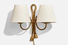 French Designer, Wall Light, Brass, Fabric, France, 1940s