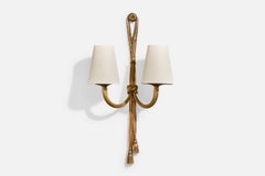Designer francese, lampada da parete, ottone, tessuto, Francia, anni '1940