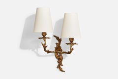 French Designer, Wall Light, Brass, Fabric, France, 1940s