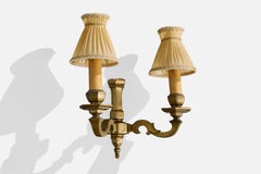 French Designer, Wall Light, Brass, Fabric, France, 1940s