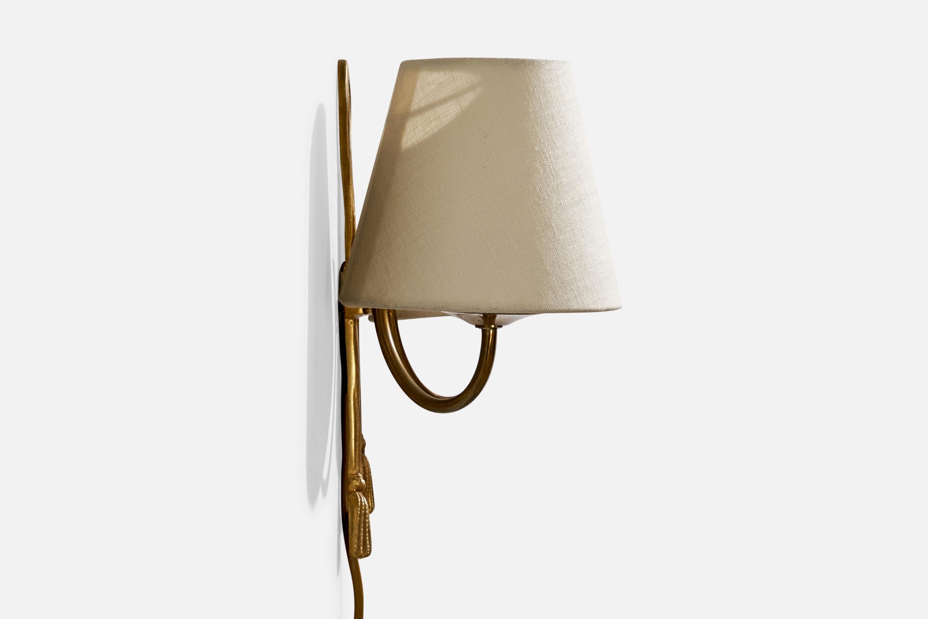 Mid-20th Century French Designer, Wall Light, Brass, Fabric, France, 1940s For Sale