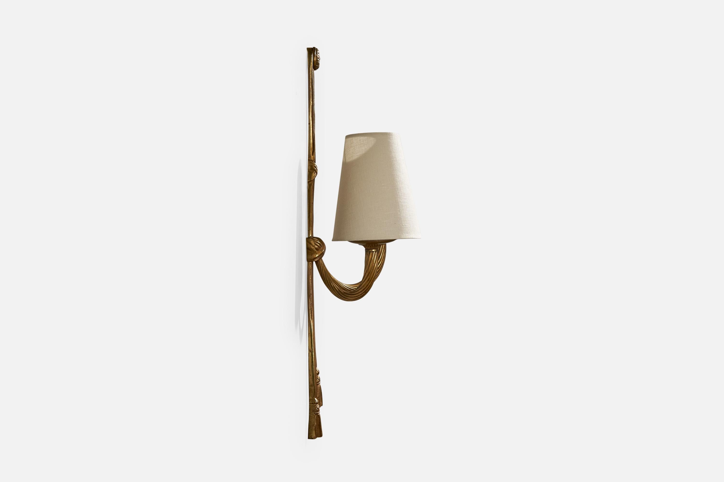 Mid-20th Century French Designer, Wall Light, Brass, Fabric, France, 1940s For Sale