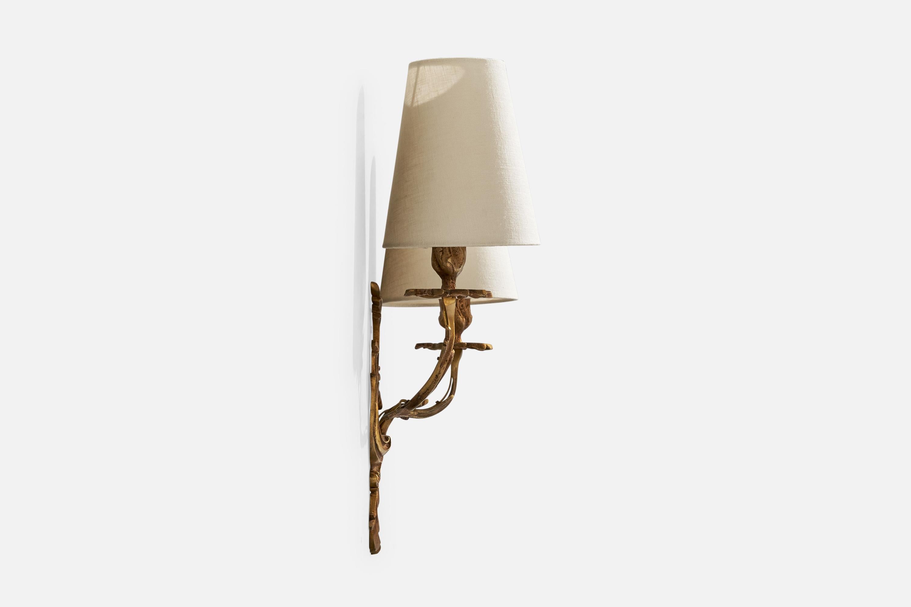 Mid-20th Century French Designer, Wall Light, Brass, Fabric, France, 1940s For Sale