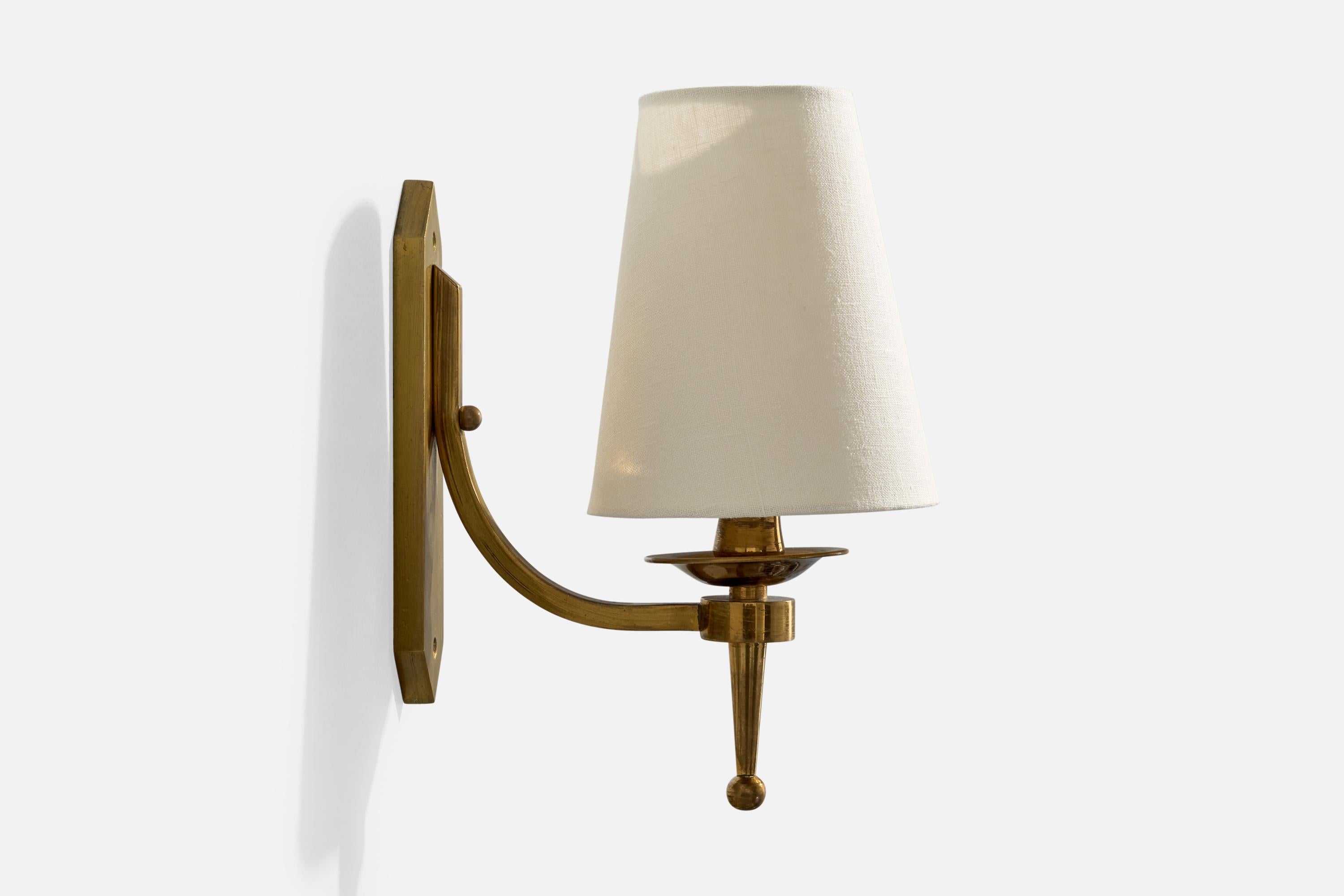 Mid-20th Century French Designer, Wall Light, Brass, Fabric, France, 1940s For Sale