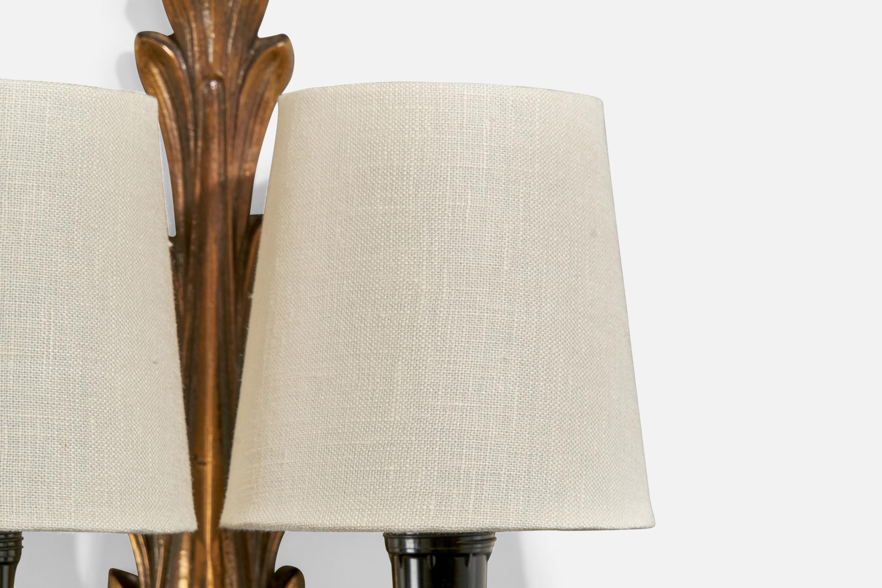 Mid-20th Century French Designer, Wall Light, Brass, Fabric, France, 1940s For Sale