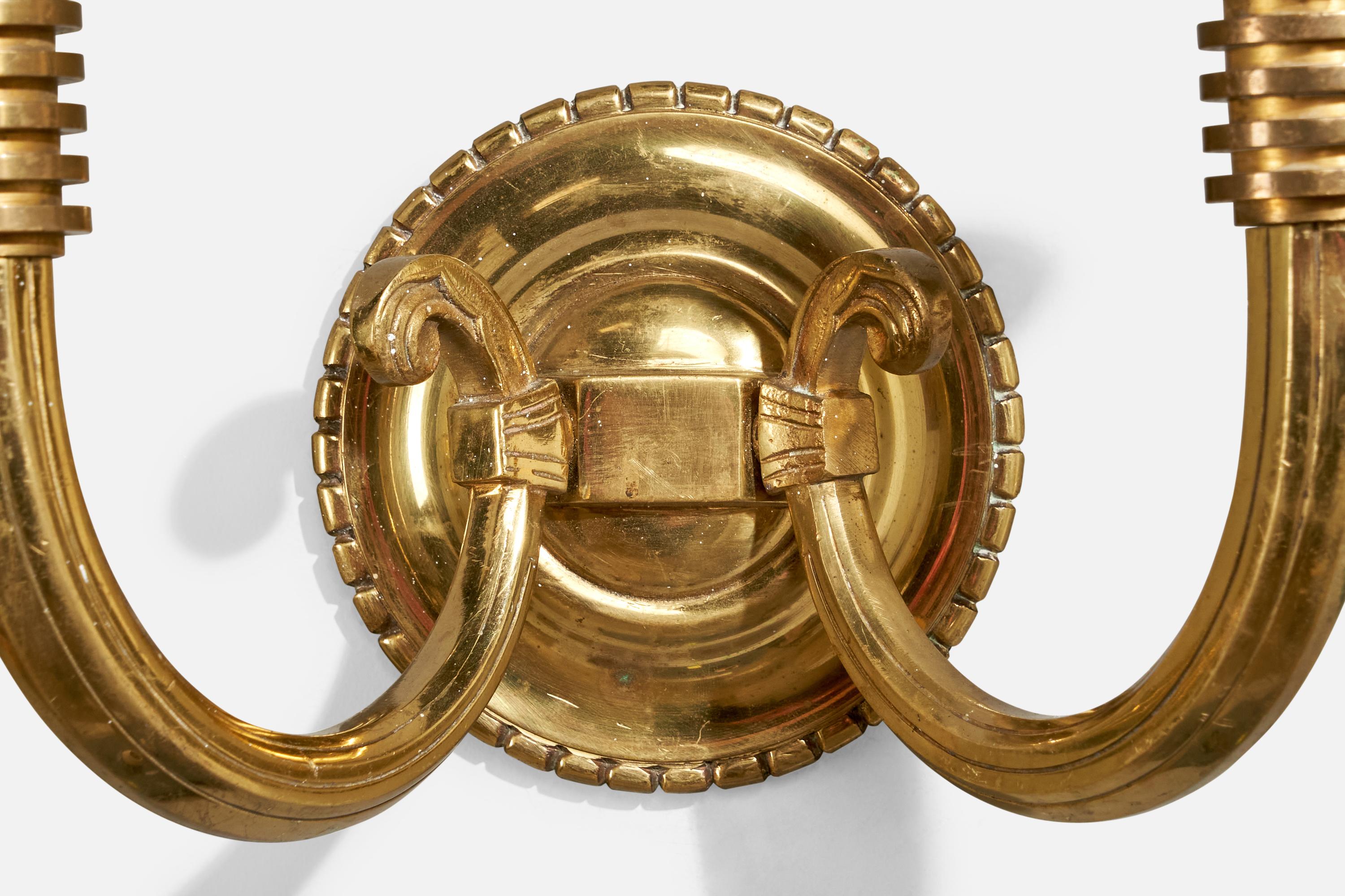 Designer francese, lampada da parete, ottone, tessuto, Francia, anni '1940 in vendita 3