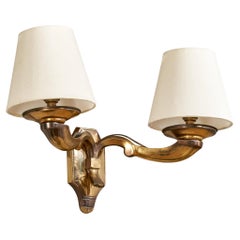 French Designer, Wall Light, Brass, Fabric, France, 1940s