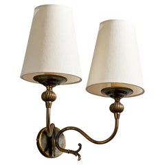 French Designer, Wall Light, Brass, Fabric, France, 1940s