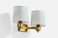 French Designer, Wall Light, Brass, Fabric, France, 1940s
