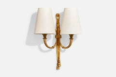 Designer francese, lampada da parete, ottone, tessuto, Francia, anni '1950