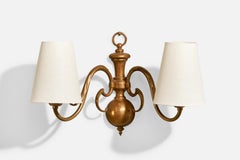 French Designer, Wall Light, Brass, Fabric, France, 1950s