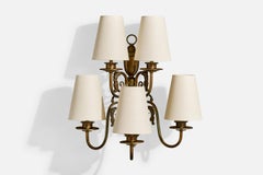 French Designer, Wall Light, Brass, Fabric, France, 1950s