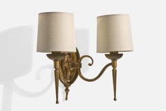 French Designer, Wall Light, Brass, Fabric, France, 1950s