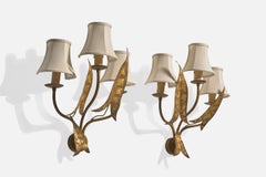 French Designer, Wall Light, Brass, Fabric, France, 1950s