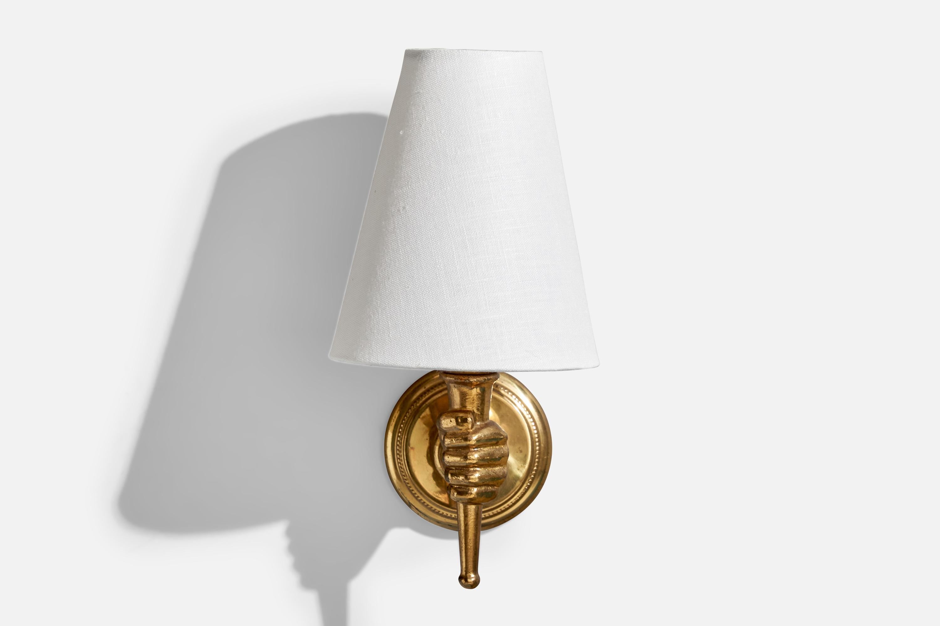 Art Deco French Designer, Wall Light, Brass, Fabric, France, 1950s For Sale