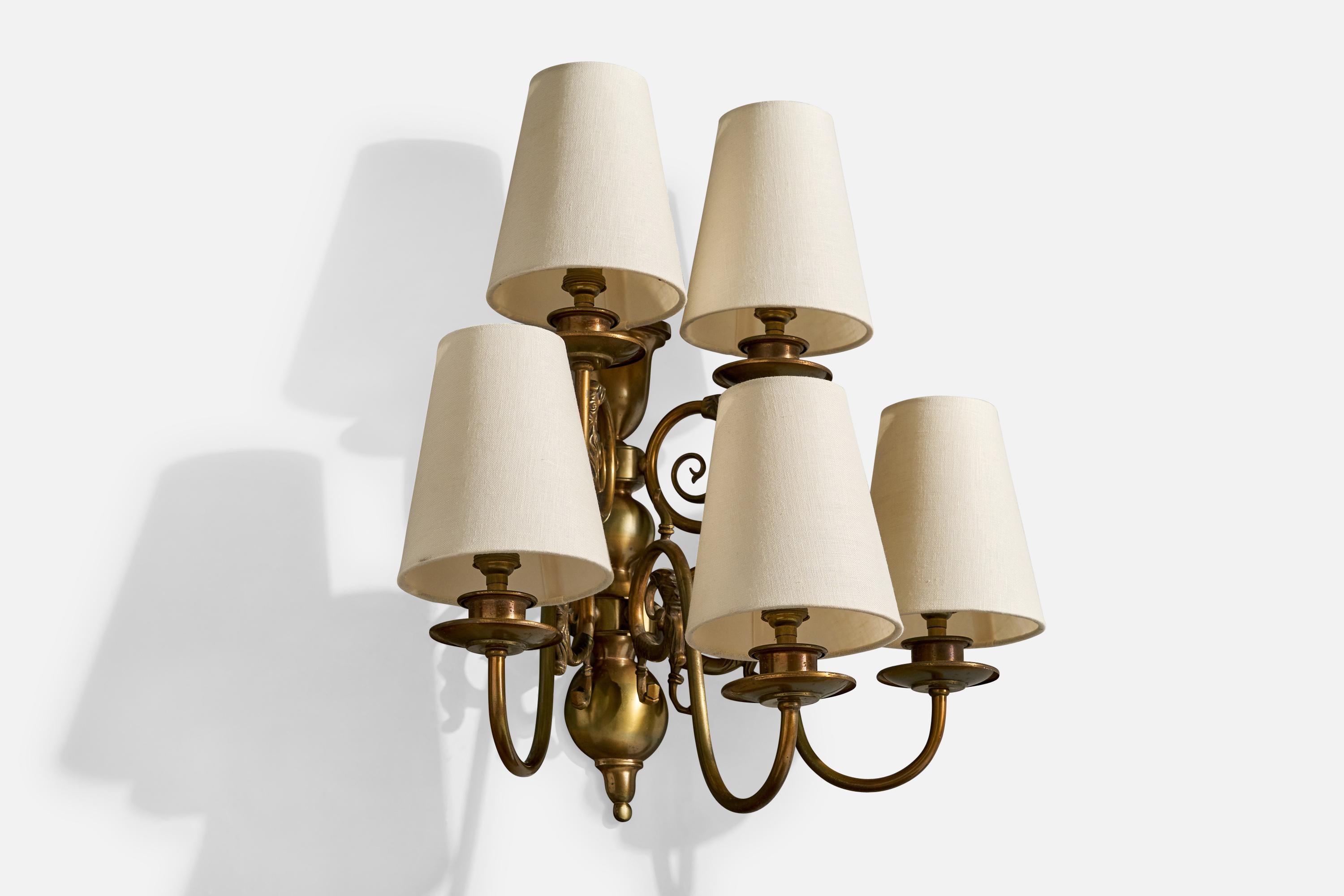 Mid-Century Modern French Designer, Wall Light, Brass, Fabric, France, 1950s For Sale