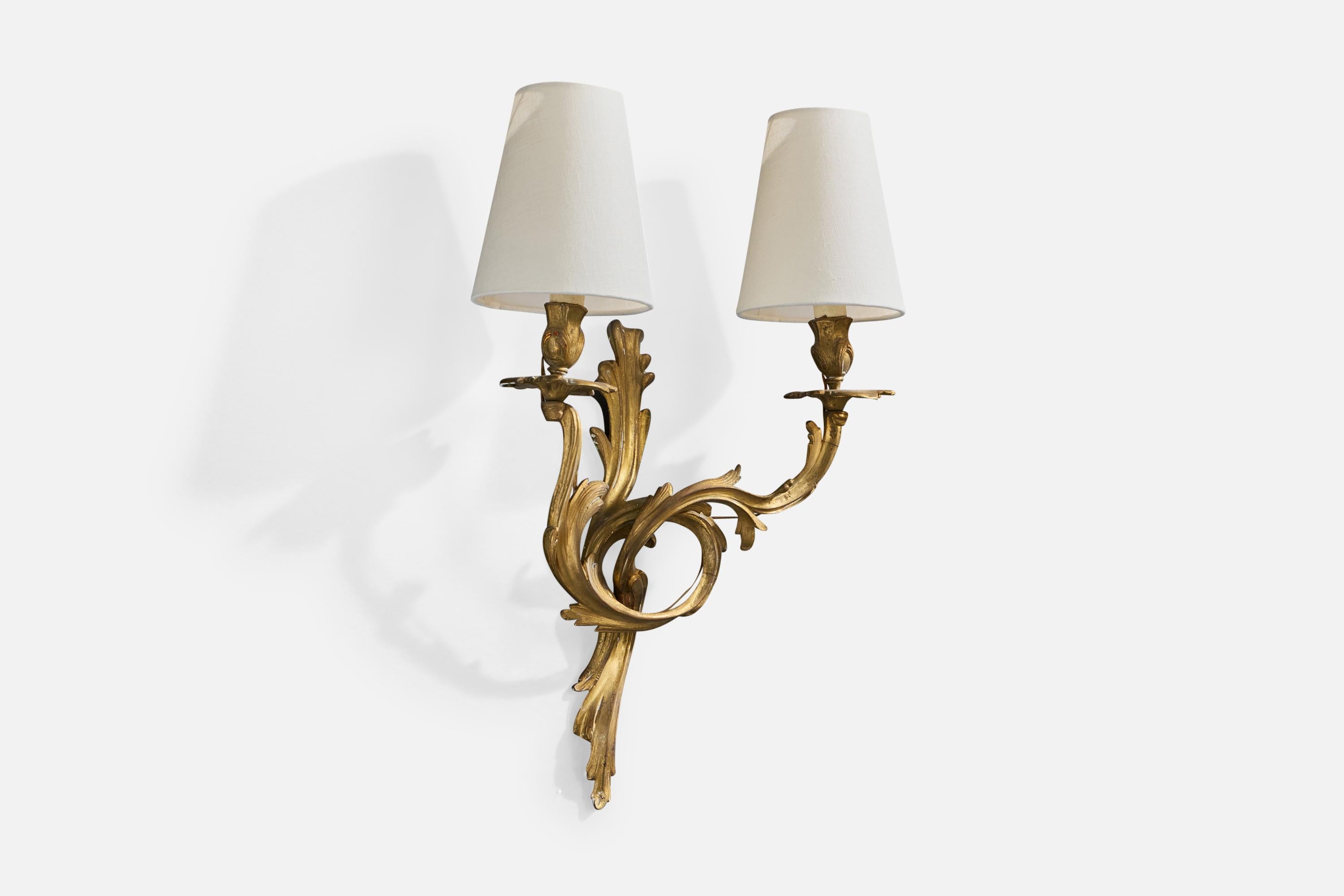 Mid-Century Modern French Designer, Wall Light, Brass, Fabric, France, 1950s For Sale