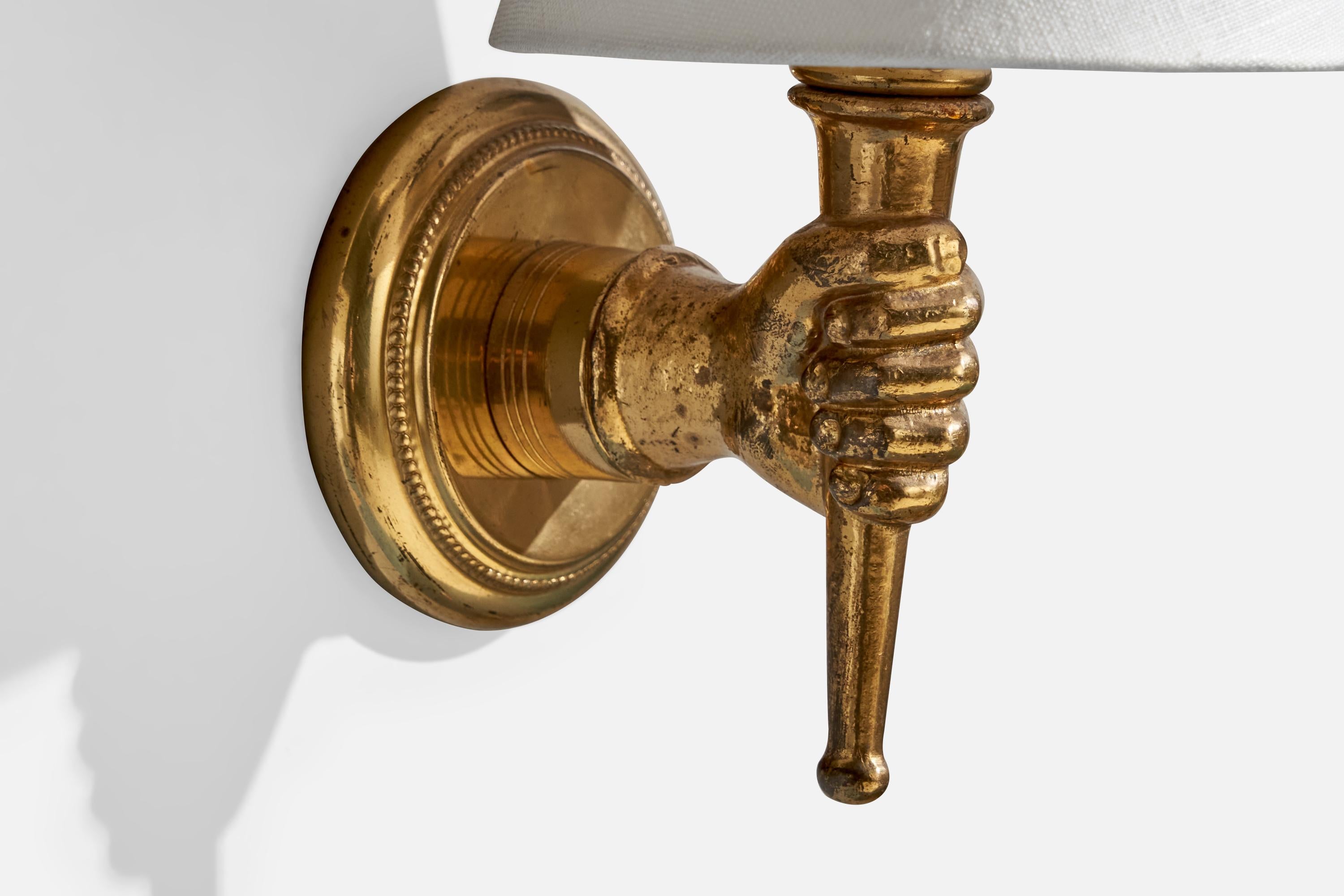 Mid-20th Century French Designer, Wall Light, Brass, Fabric, France, 1950s For Sale