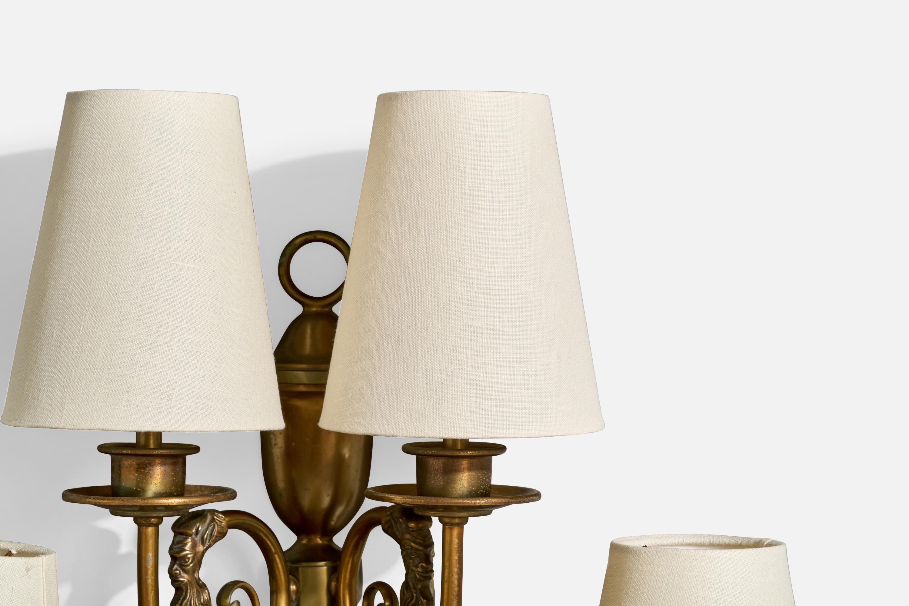Mid-20th Century French Designer, Wall Light, Brass, Fabric, France, 1950s For Sale