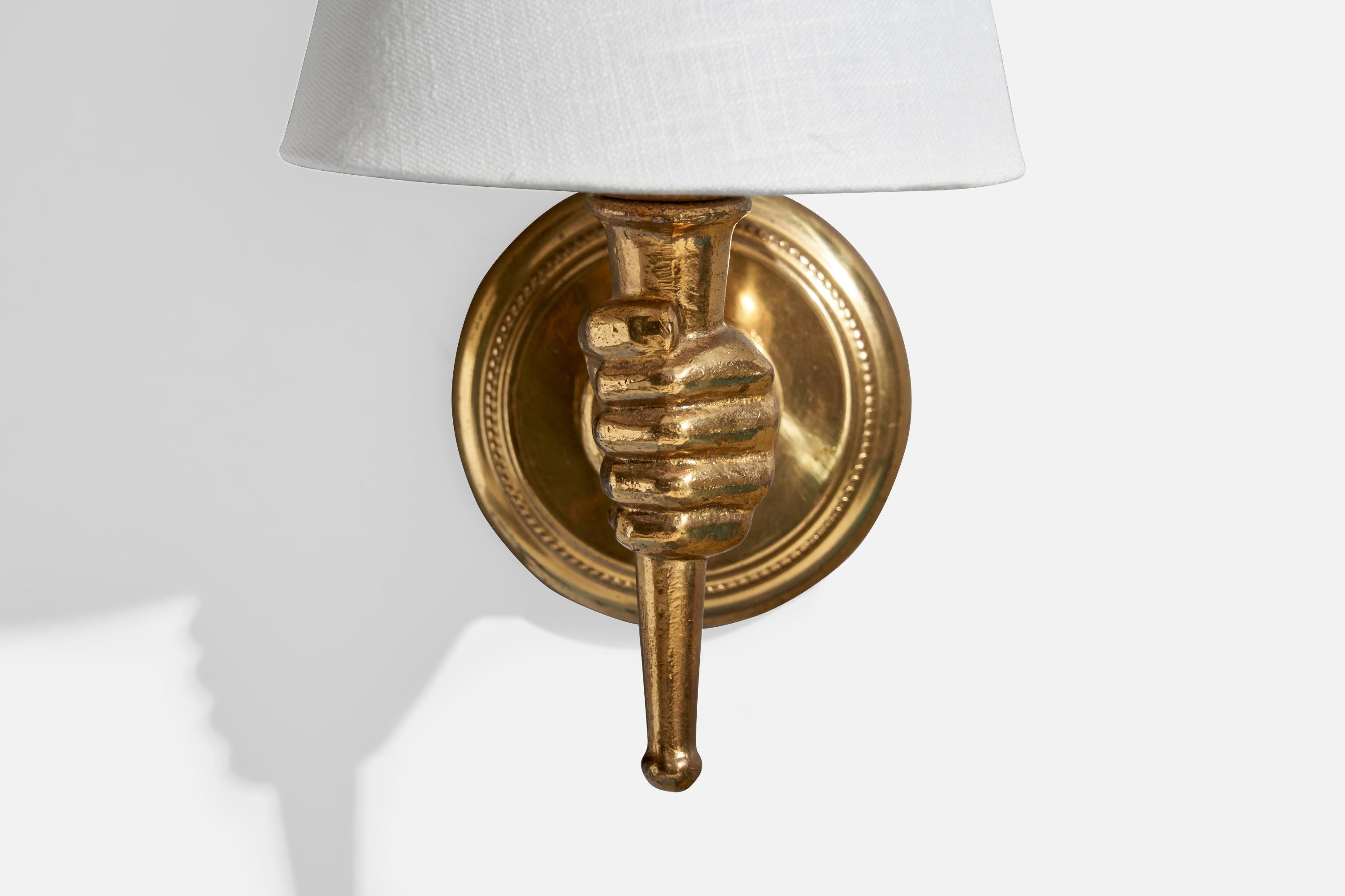 French Designer, Wall Light, Brass, Fabric, France, 1950s For Sale 2