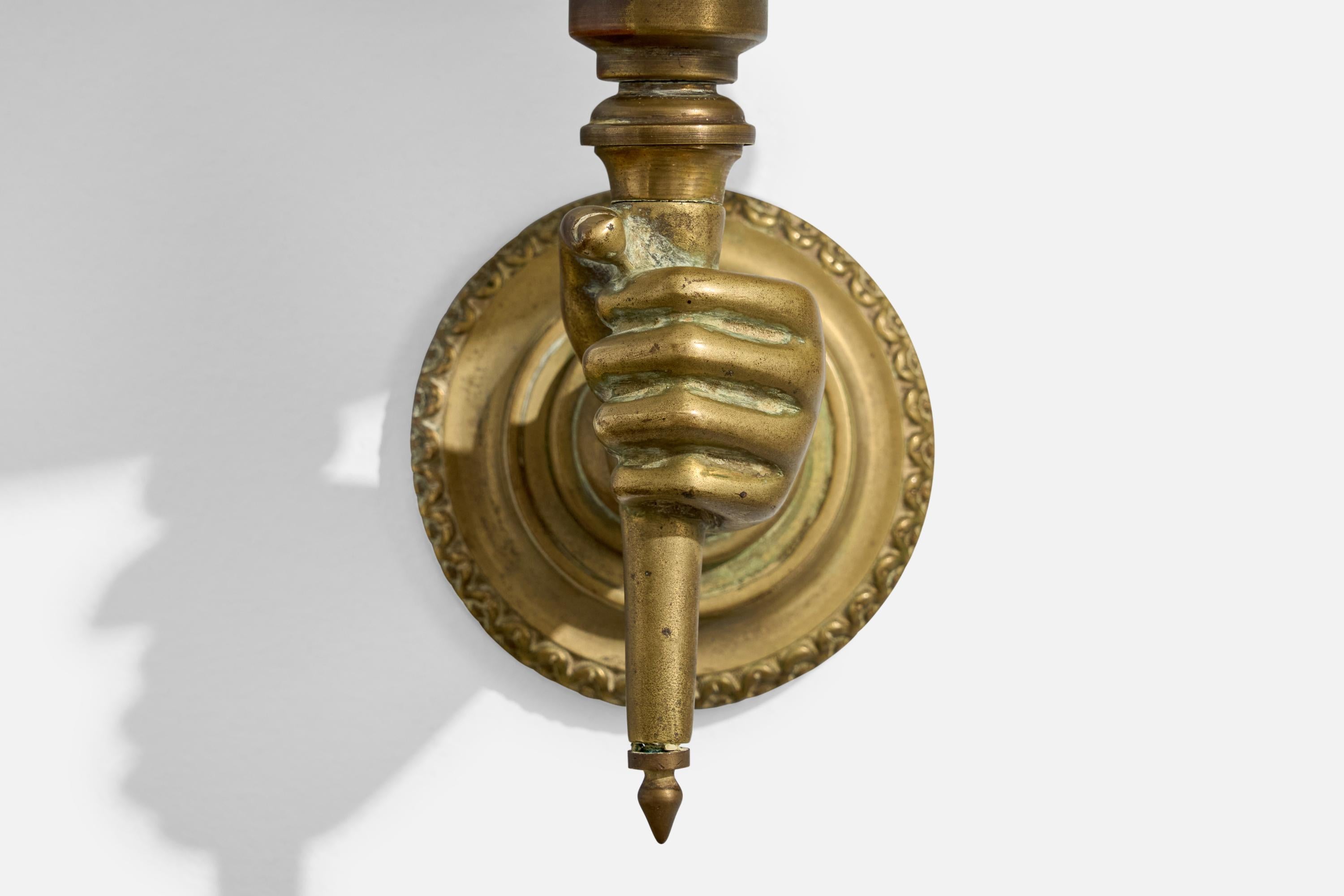 Laiton Applique murale, laiton, tissu, France, années 1950