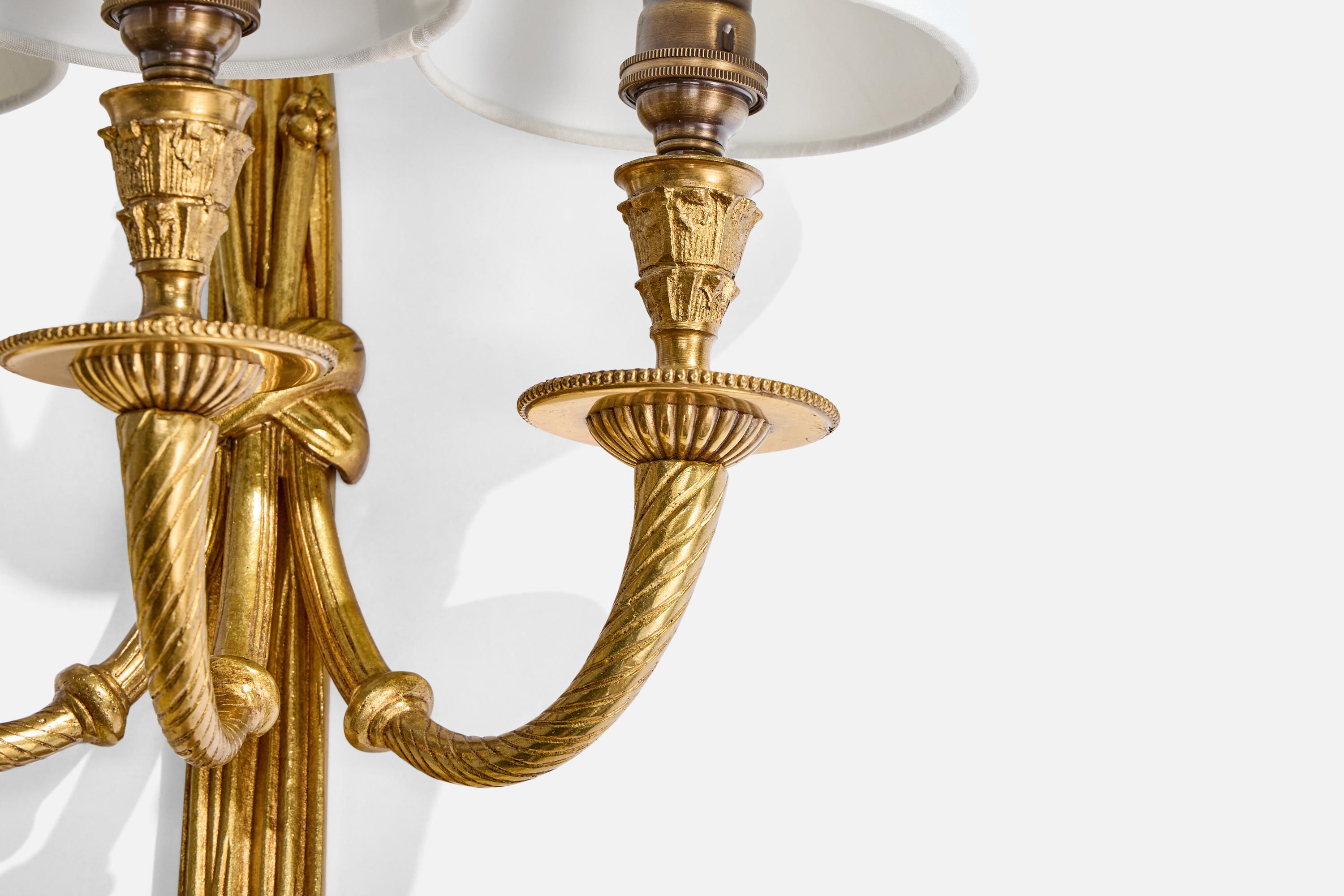 French Designer, Wall Light, Brass, Fabric, France, 1950s For Sale 2