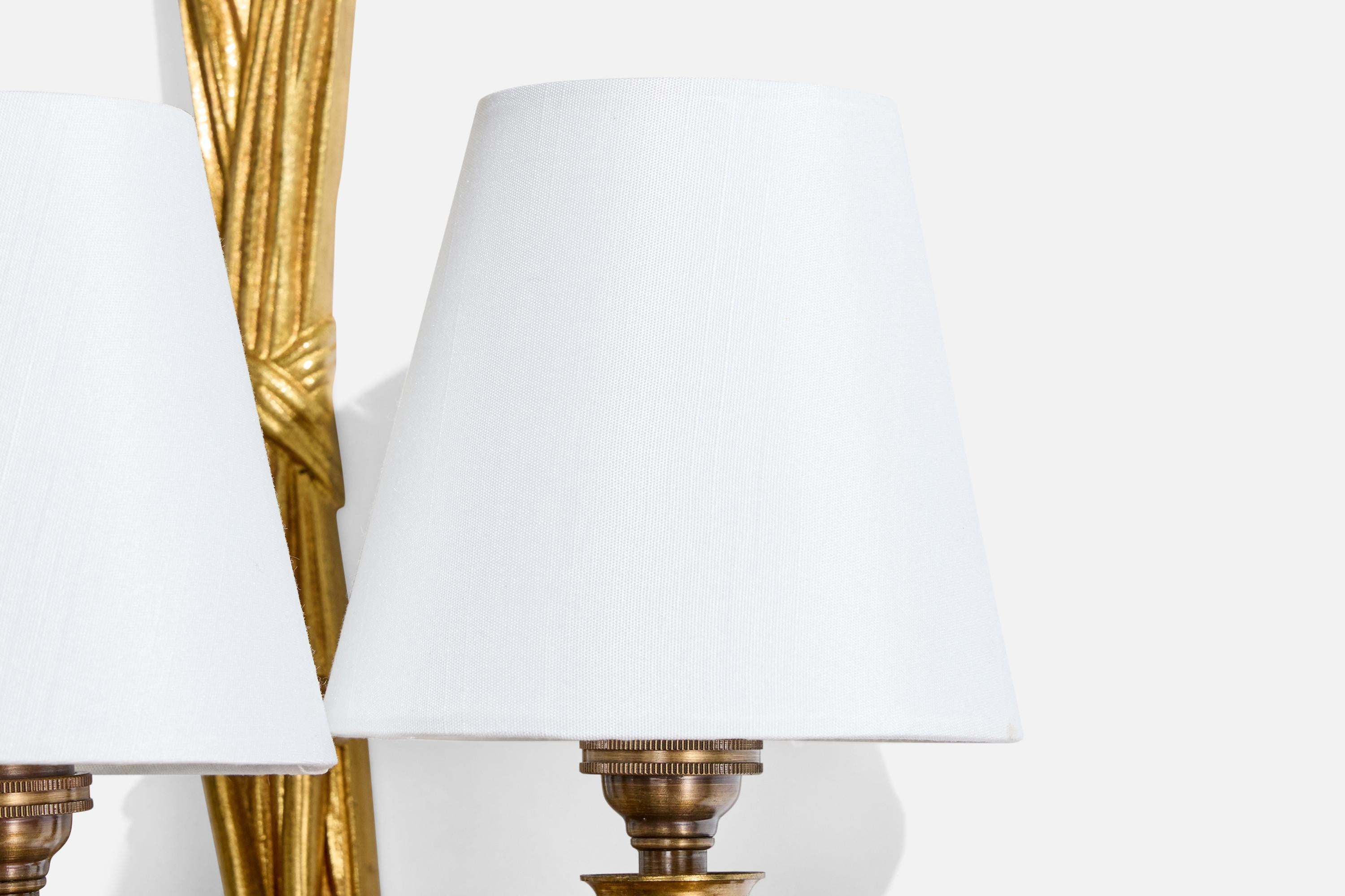 French Designer, Wall Light, Brass, Fabric, France, 1950s For Sale 4