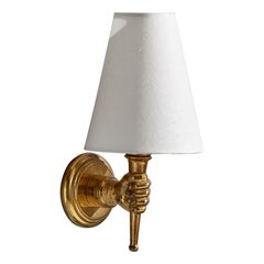 French Designer, Wall Light, Brass, Fabric, France, 1950s