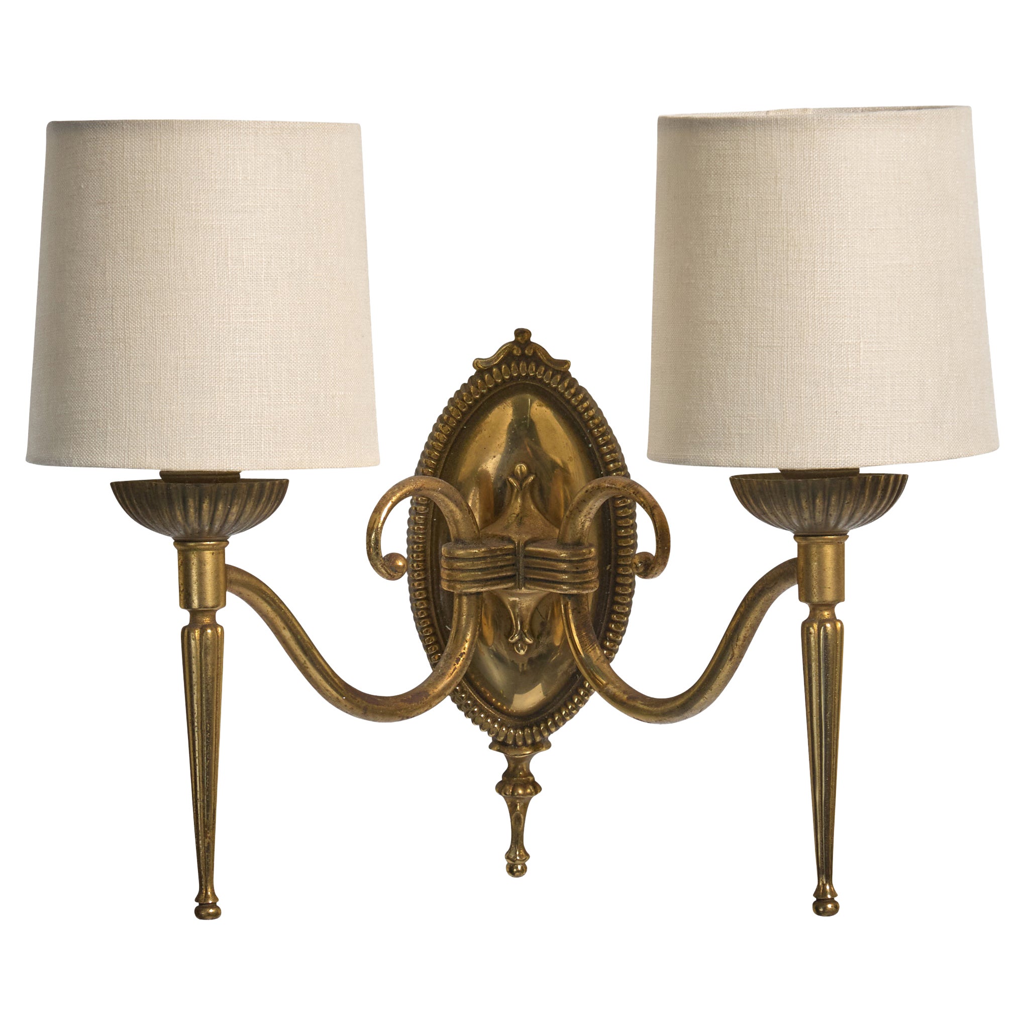 French Designer, Wall Light, Brass, Fabric, France, 1950s For Sale