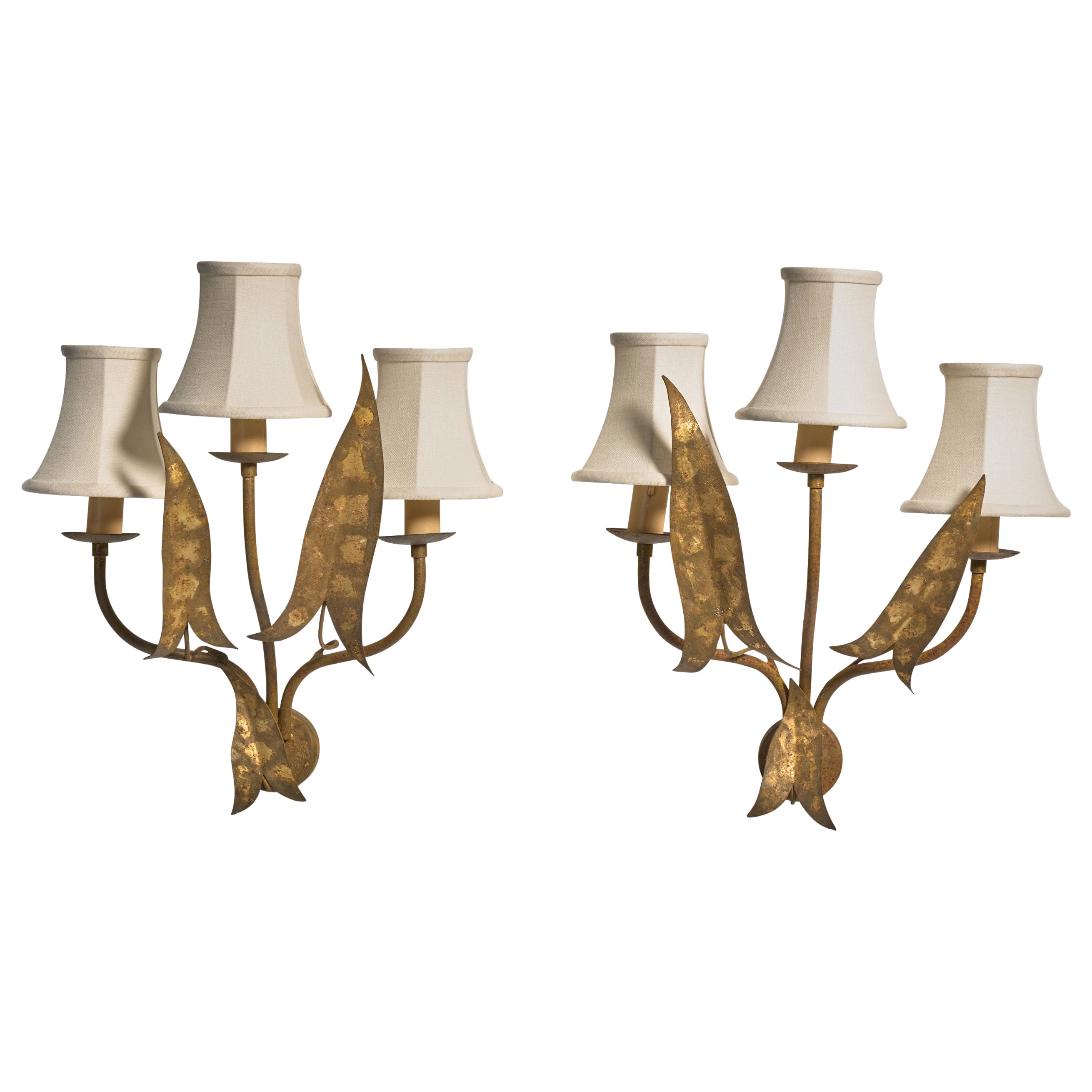 French Designer, Wall Light, Brass, Fabric, France, 1950s