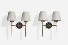 French Designer, Wall Light, Brass, Fabric, France, 1960s