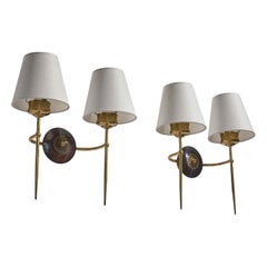 French Designer, Wall Light, Brass, Fabric, France, 1960s